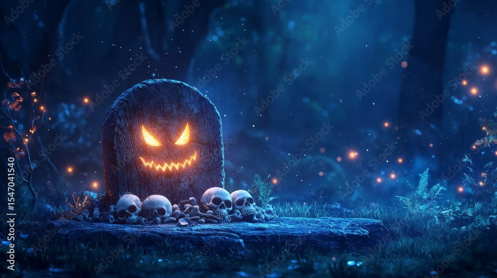 Obraz premium A 3D cartoon haunted tombstone with skulls and bones
