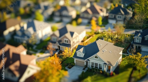 A serene suburban neighborhood with houses, trees, and a street in the foreground, with a blurred background of more houses and trees.