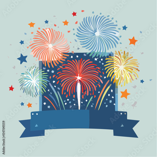 Festive vector illustration of colorful fireworks exploding in the night sky with stars