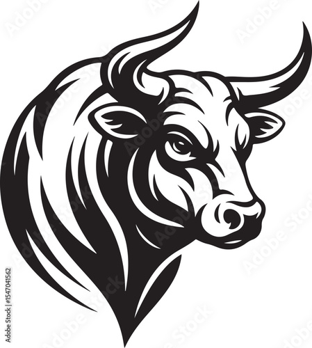 Black and white vector illustration of a cute horned cattle head, perfect for farm animal or dairy-themed designs