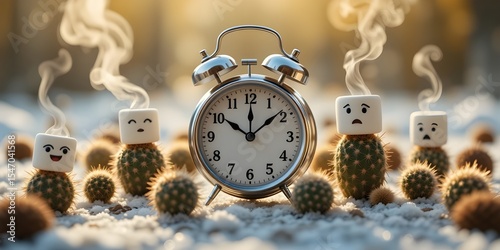 Whimsical Surreal Photo of Vintage Clock Surrounded by Marshmallow-Topped Cacti