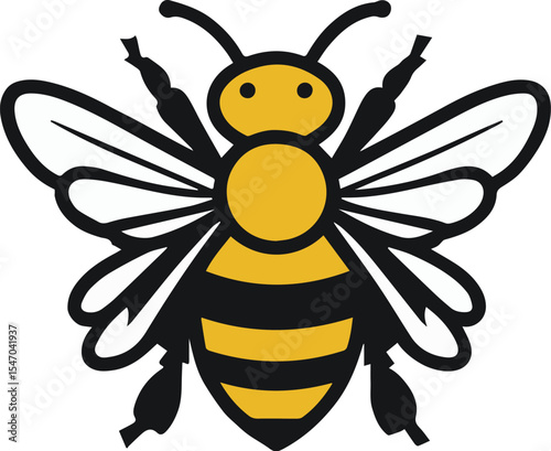 A cute, happy cartoon bee with black and yellow stripes, wings, and a smile flies on a white background, a sweet insect vector illustration