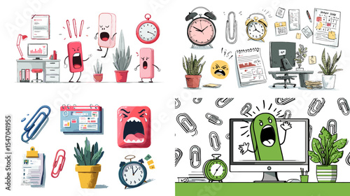 Funny cartoon office objects and supplies with expressive faces, including clocks, plants, paper clips, and computers—ideal for stress, work, and productivity illustrations.