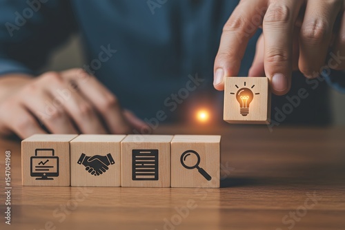 a solution-focused, problem-solving methodology used for innovation and strategic development. Design Thinking Process concept. Wooden blocks with icons; the key stages of the design thinking process