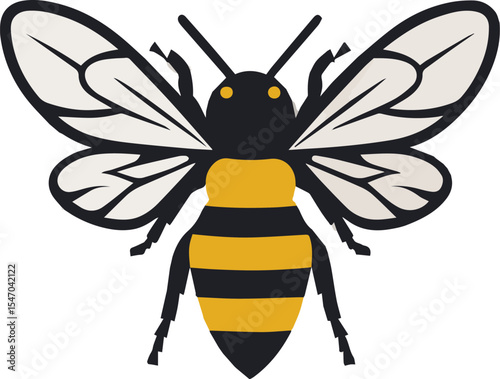 Cute cartoon bee vector illustration, a funny flying insect character with yellow and black stripes, smiling with wings