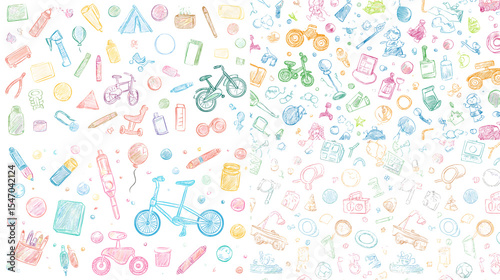 Colorful doodle-style hand-drawn icons of outdoor and leisure items including bikes, cameras, balls, and bags, ideal for backgrounds, kids’ themes, and playful designs.
