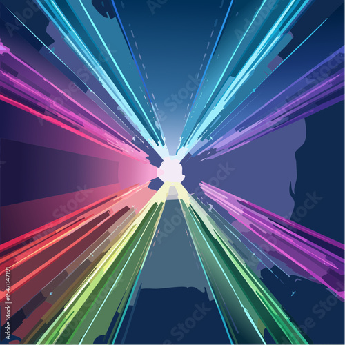 Abstract colorful light beams radiating outwards from a central point in a dark space