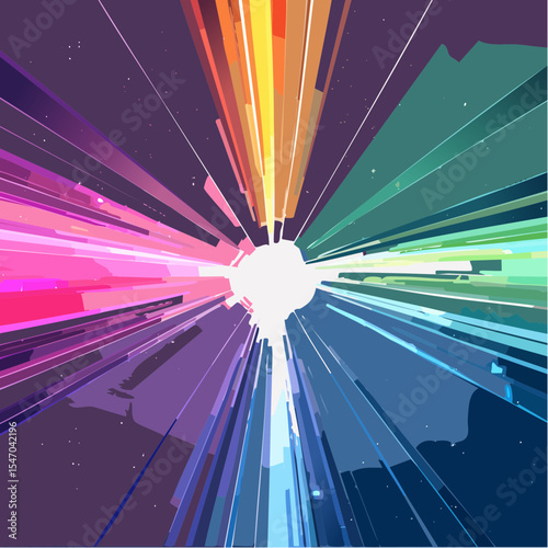 Abstract colorful explosion radiating outwards with vibrant spectrum and geometric shapes