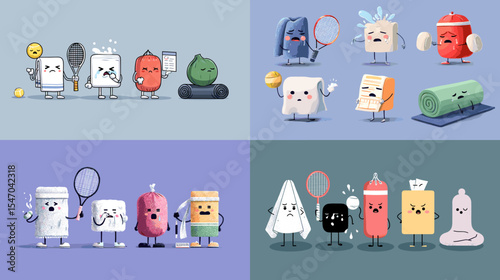Cute cartoon hygiene product characters doing sports and fitness activities, perfect for health campaigns, kids’ education, stickers, and wellness-themed illustrations.

