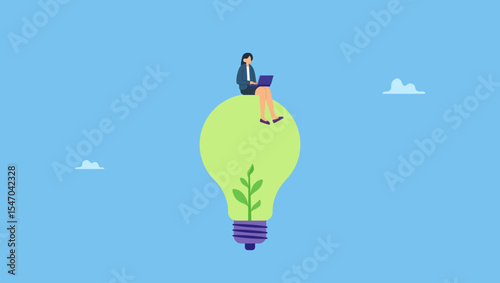 A woman working with laptop on sustainable lightbulb. Sustainability, ESG, eco environment friendly or clean energy solution, green renewable power, reuse or recycle ecosystem, green corporate.