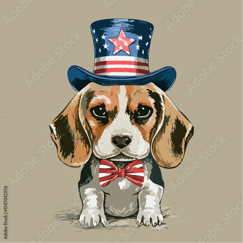 Adorable Beagle puppy wearing a patriotic Uncle Sam hat and a bow tie illustration