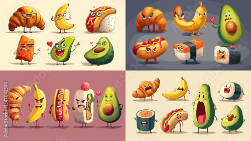 Funny and expressive cartoon food characters including croissant, sushi, avocado, banana, and hotdog, ideal for stickers, kids' projects, and food-themed illustrations.

