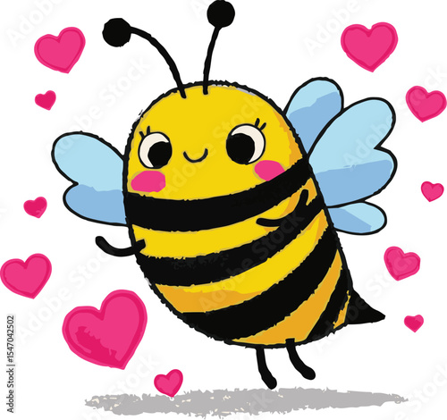 Cute cartoon bumblebee flying with a heart, a sweet summer insect illustration