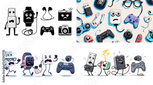 Funny cartoon illustrations of tech gadgets with expressive faces, including game controllers, USBs, cameras, and earbuds. Great for digital content, gaming, and tech humor designs.