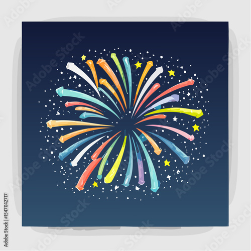 Colorful illustration of a celebratory fireworks display with stars against a dark blue background