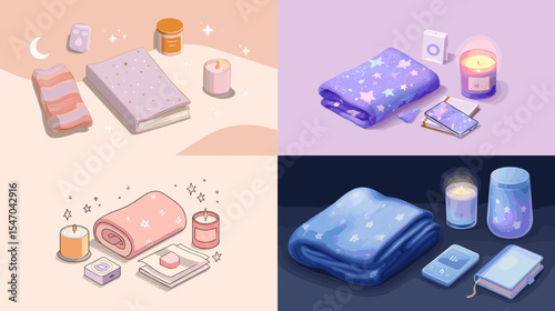 Cozy digital illustrations of self-care essentials including blankets, candles, books, and journals in pastel and night tones. Perfect for wellness content, bedtime routine, and lifestyle design.