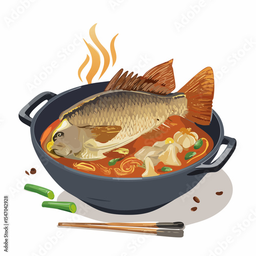 Delicious fish soup illustration featuring a whole fish in a bowl with vegetables and spices
