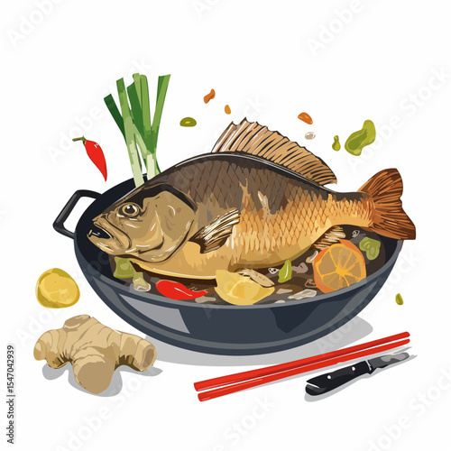 Delicious fish stew illustration with ginger, chili, and chopsticks on a white background