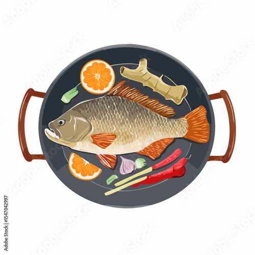 Deliciously prepared whole fish with herbs and citrus in a frying pan illustration
