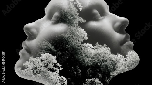 Double Exposure  Woman s Face   Nature  Black   White  High Contrast  Feminine  Peaceful
