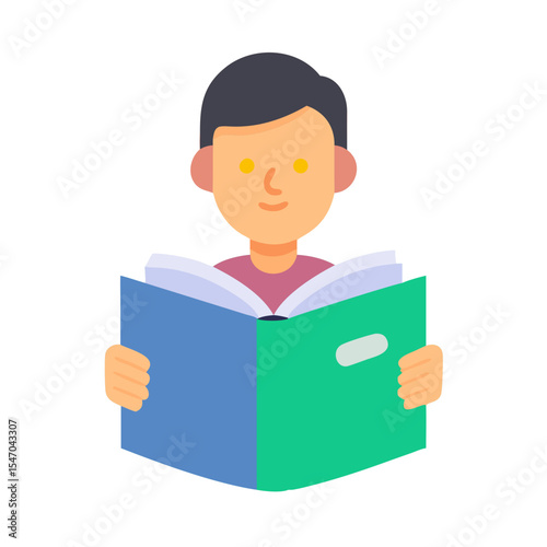 Boy reads an open book with blue and green covers