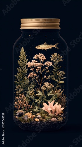 Enchanting Glass Jar  Miniature Ecosystem  Fish  Plants  Nature Scene