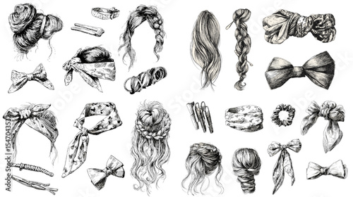Hand-drawn black and white illustrations of various hairstyles, braids, buns, and hair accessories including bows, scarves, and clips. Ideal for beauty design, fashion, and salon branding.