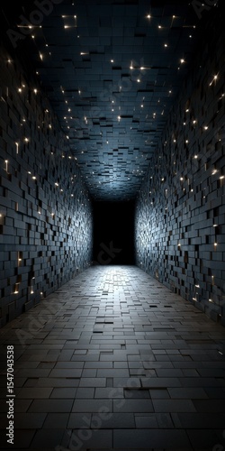 Futuristic Dark Corridor  Abstract 3D Render  Glowing Tiles  Modern Architecture  Cyberpun