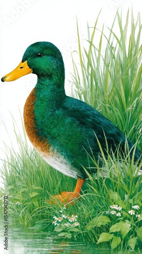 Mallard Duck in Grassland  Detailed Wildlife Illustration