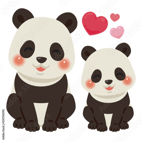 お座りした笑顔のパンダの親子イラスト