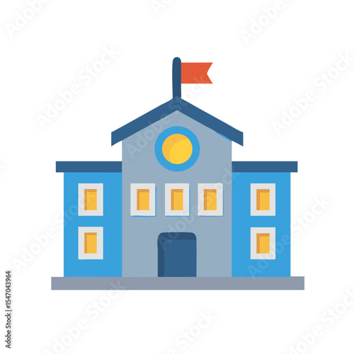 School Building Icon with Flag, Flat Design Style