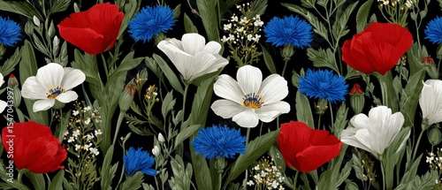 Seamless Floral Pattern  Red  White  Blue Flowers  Botanical Print  Dark Background
