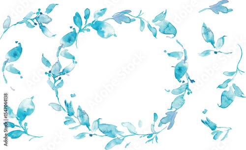 水彩画。水彩タッチの水色植物イラスト。水彩のベクター化している夏の葉っぱ素材。夏の植物フレーム背景。Watercolor painting. Water color plant illustration with watercolor touch. Watercolor vectorized summer leaves. Summer plants frame background.