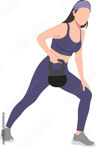 A young woman exercises with a kettlebell