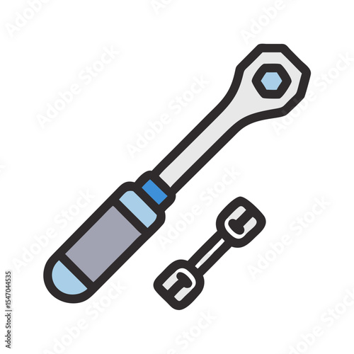 Illustration of socket wrench and wrench on black background