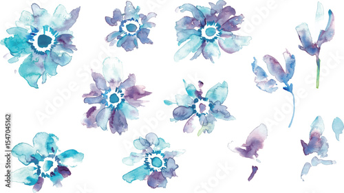 水彩画。水彩タッチの水色植物イラスト。水彩のベクター化している夏の葉っぱ素材。夏の植物フレーム背景。Watercolor painting. Water color plant illustration with watercolor touch. Watercolor vectorized summer leaves. Summer plants frame background.