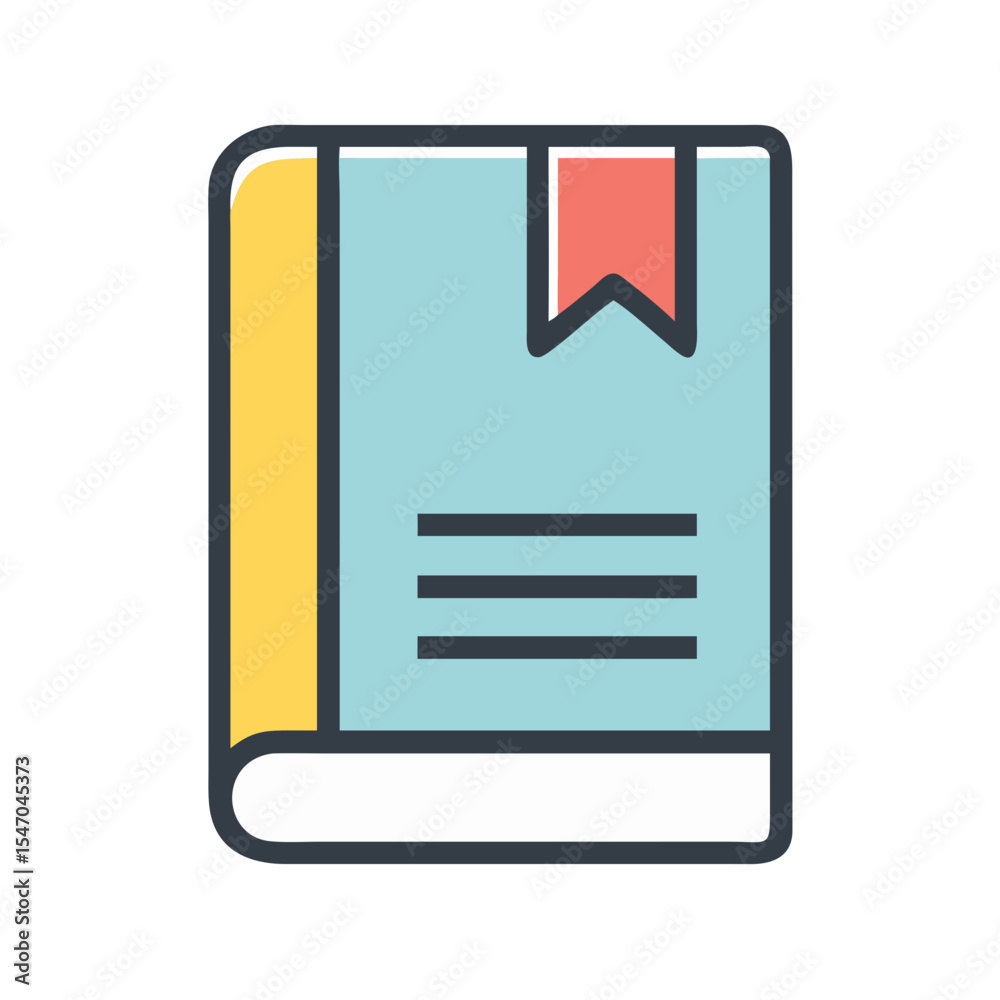 Stylized book icon illustration with bookmark and title lines Stylized book icon illustration with bookmark and title lines