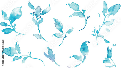 水彩画。水彩タッチの水色植物イラスト。水彩のベクター化している夏の葉っぱ素材。夏の植物フレーム背景。Watercolor painting. Water color plant illustration with watercolor touch. Watercolor vectorized summer leaves. Summer plants frame background.