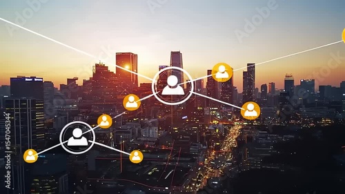 Aerial view of a bustling city skyline at sunset, showcasing connections among people in urban life