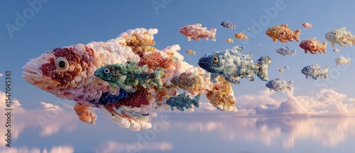 Colorful Sardines Schooling in Sky  Surreal Ocean Life Art