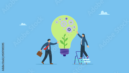 Business people touch light bulb with seedling green plant and governance gear. ESG, Environmental, Social and Corporate Governance, company responsibility to care world environment and people.