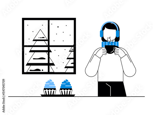 Woman enjoying hot chocolate and cupcake. Snowy day illustration. Winter fun activity. Flat vector illustration.
