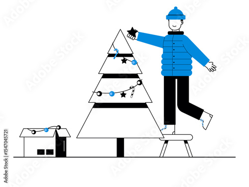 Man wearing a heavy jacket and beanie decorating a pine tree. Snowy day illustration. Winter fun activity. Flat vector illustration.
