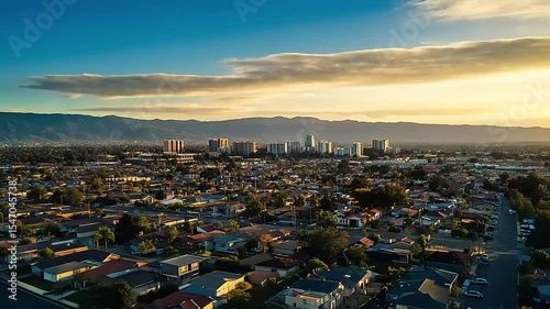 Aerial view of a suburban neighborhood at sunset, showcasing houses with mountains in the background