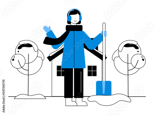 Woman clearing snow in the yard. Snowy day illustration. Winter fun activity. Flat vector illustration.