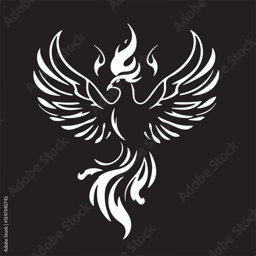A black and white vector logo a majestic phoenix silhouette rising with wings spread. Flames are depicted as abstract, tribal-inspired feather shapes. 