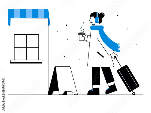 Tourist woman walking while carrying suitcase for winter holiday. Snowy day illustration. Winter fun activity. Flat vector illustration.