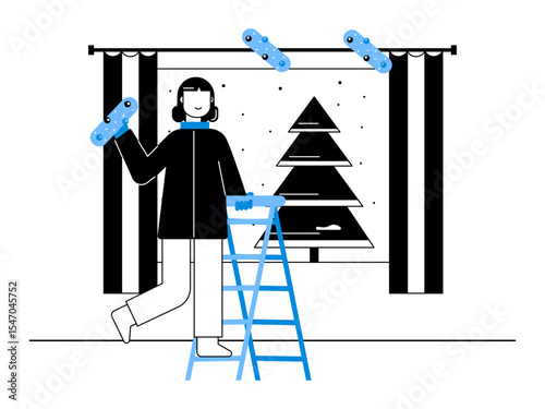 Woman decoration to celebrate Christmas. Snowy day illustration. Winter fun activity. Flat vector illustration.