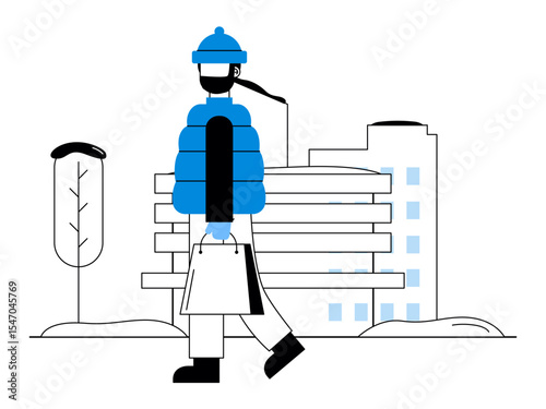 Man wearing thick jacket and beanie walking in winter season. Snowy day illustration. Winter fun activity. Flat vector illustration.