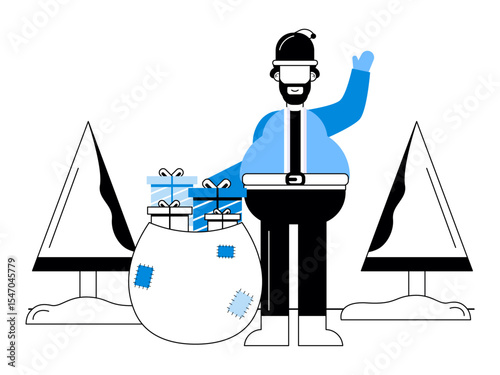 Santa Claus is standing outside the house while bringing many gifts for the children. Snowy day illustration. Winter fun activity. Flat vector illustration.